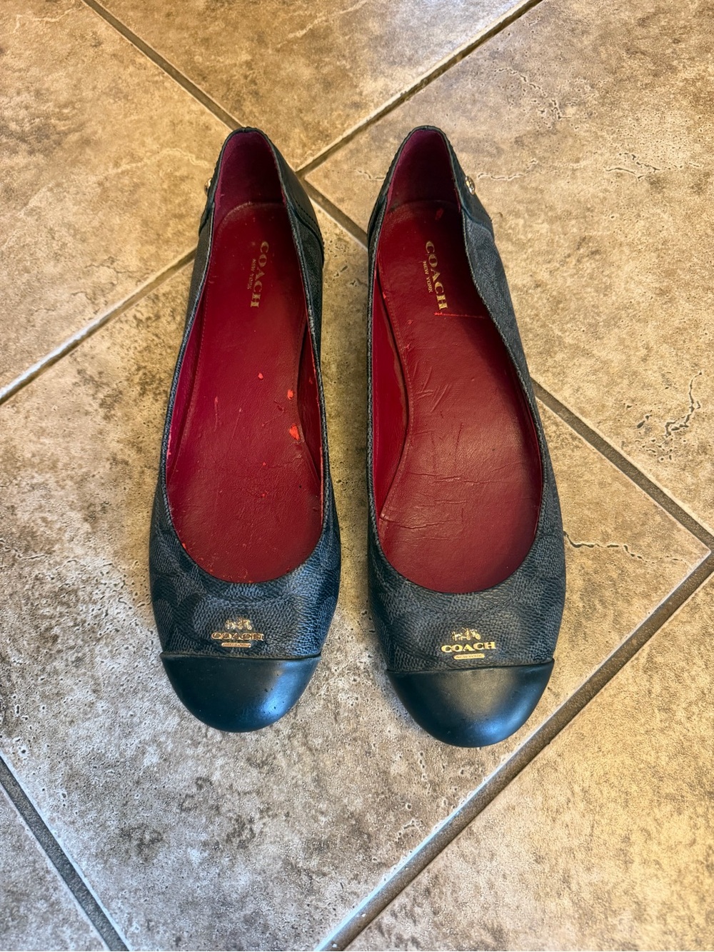 Coach Black Signature Cap-Toe Ballet Flats with Red Interior